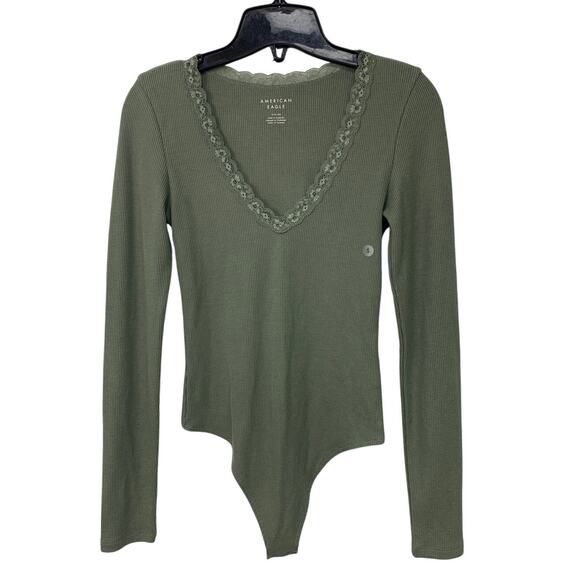 New American Eagle Womens Small Long Sleeve Waffled Lace Snap Closure Bodysuit - Picture 1 of 5